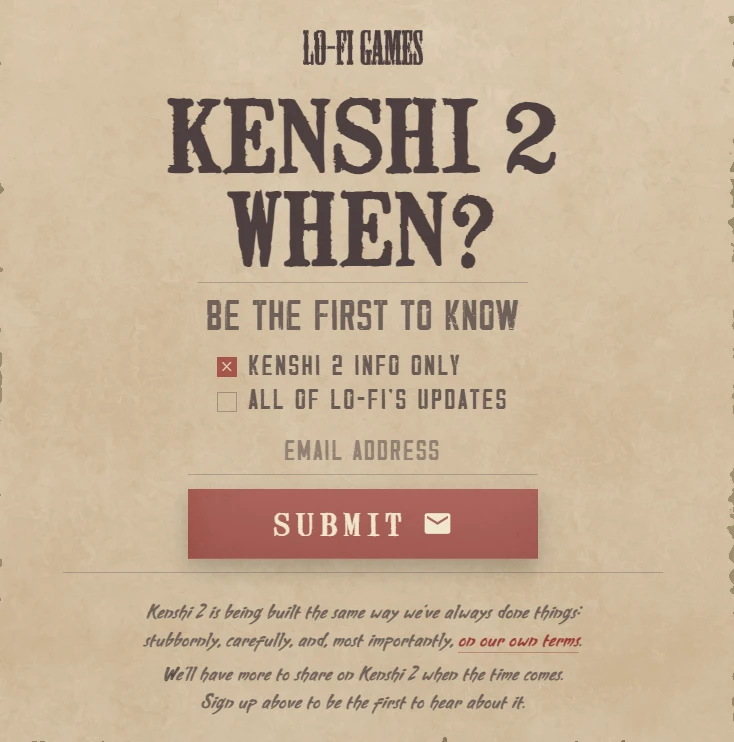 Kenshi vượt mốc 3 triệu bản bán ra, khiến người hâm mộ tò mò với trang web "Kenshi 2 When?" Kenshi vượt mốc 3 triệu bản bán ra, khiến người hâm mộ tò mò với trang web "Kenshi 2 When?"