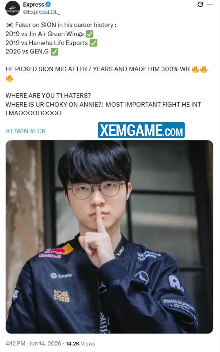 Faker sử dụng Sion trong lượt trận với Gen.G và khiến nó gia nhập hàng ngũ 100% tỉ lệ thắng