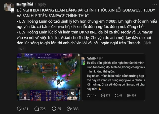 Giọt nước tràn ly: BLV Hoàng Luân xóa bài xin lỗi, "var" fan Gumayusi trên MXH