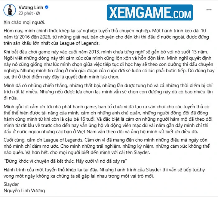 Slayder giải nghệ: Từ xạ thủ hàng đầu VCS cho đến kết cục viên mãn Slayder giải nghệ: Từ xạ thủ hàng đầu VCS cho đến kết cục viên mãn