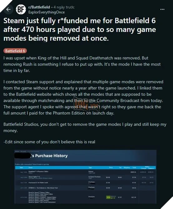 Chơi Battlefield 6 Đến 470 Giờ Nhưng Vẫn Được Steam Hoàn Tiền Đầy Đủ