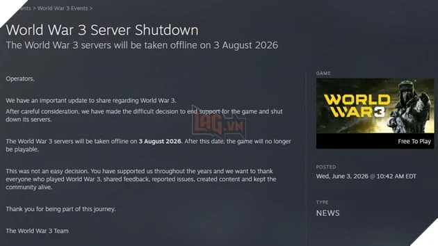 Tựa game World War 3 chính thức đóng cửa, máy chủ sẽ ngừng hoạt động vào tháng 8