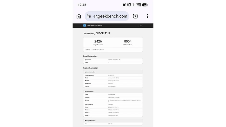 Galaxy S26 FE xuất hiện trên Geekbench với chip Exynos 2500, chạy Android 17