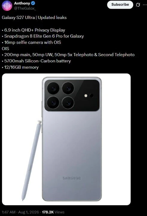 Galaxy S27 Ultra lần đầu lộ thiết kế mới lạ