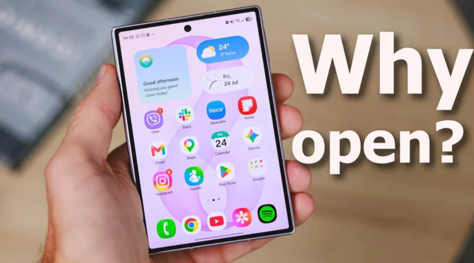 Màn hình trong Galaxy Z Fold8 hiển thị nội dung giải trí khi mở gập
