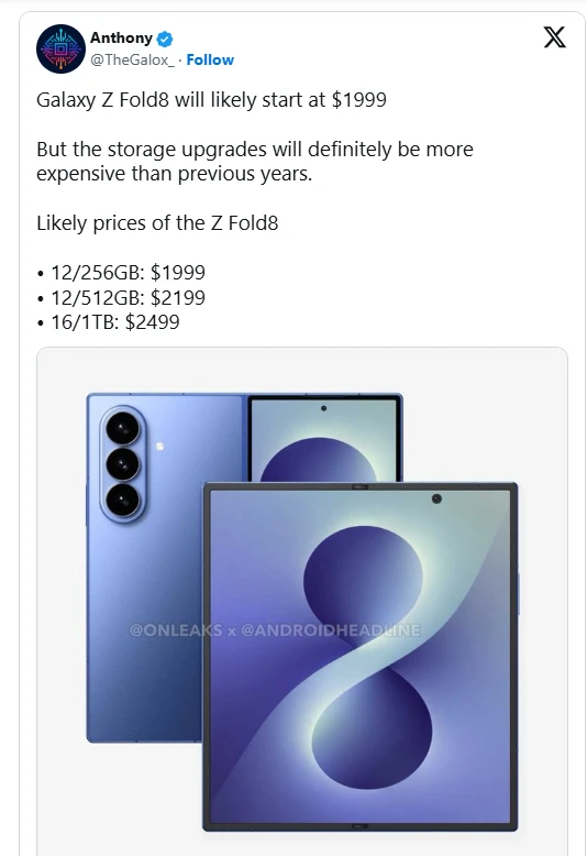 Giá bán của Galaxy Z Fold 8 vừa được tiết lộ