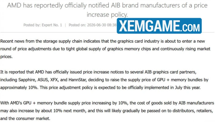GPU của AMD dự tính sẽ tăng 10% giá cả theo nguồn leak mới