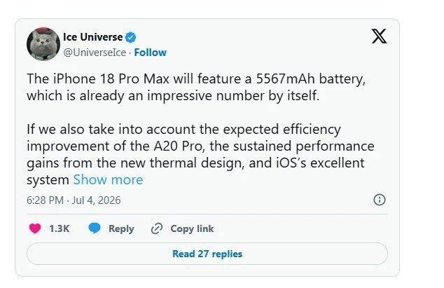 iPhone 18 Pro Max vẫn tuyệt vời dù không có viên pin lớn