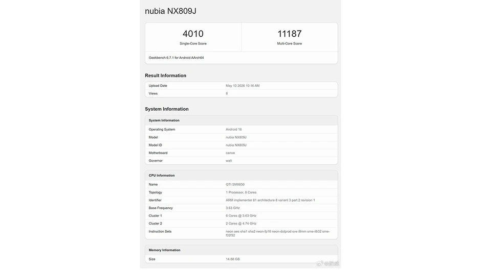 Red Magic 11S Pro+ lộ hiệu suất khủng với điểm đơn nhân ấn tượng trên Geekbench