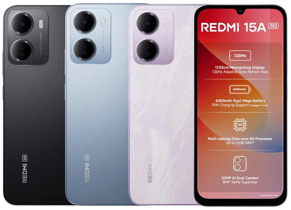 Redmi 15A 5G ra mắt: Pin 6.300 mAh, màn hình 120Hz, giá từ 3,6 triệu đồng