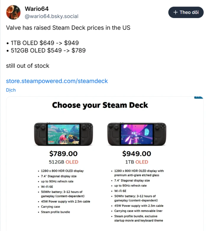 Valve tăng giá Steam Deck đáng kể khiến game thủ điêu đứng Valve tăng giá Steam Deck đáng kể khiến game thủ điêu đứng