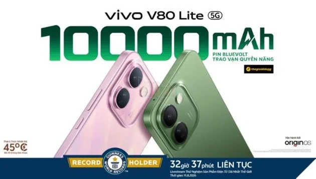 vivo V80 Lite 5G chính thức ra mắt: Mang điện thoại pin 10.000mAh đạt KỶ LỤC GUINNESS THẾ GIỚI™ đến với người dùng Việt vivo V80 Lite 5G chính thức ra mắt: Mang điện thoại pin 10.000mAh đạt KỶ LỤC GUINNESS THẾ GIỚI™ đến với người dùng Việt
