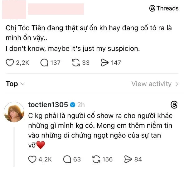 "Tóc Tiên ổn hay cố tỏ ra là mình ổn?" "Tóc Tiên ổn hay cố tỏ ra là mình ổn?"