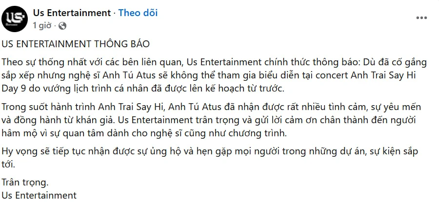 2 nghệ sĩ thông báo không tham gia concert Anh Trai Say Hi D-9
