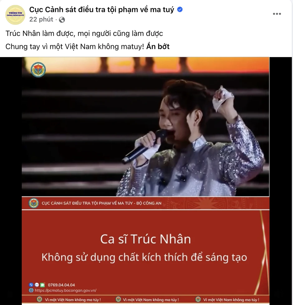Clip Trúc Nhân xuất hiện trên trang Cục Cảnh sát điều tra tội phạm về ma túy