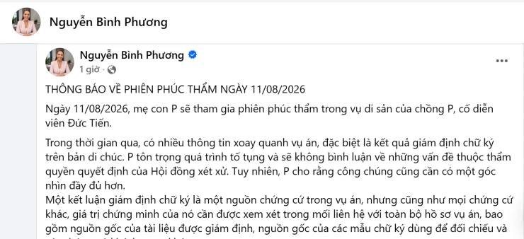 Hoa hậu Bình Phương lên tiếng trước phiên phúc thẩm vụ tranh chấp di sản của cố diễn viên Đức Tiến