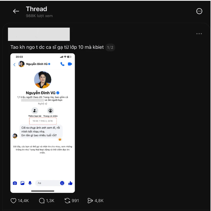 Nguyễn Đình Vũ - ca sĩ bị tố gạ gẫm trai trẻ với hơn 1 triệu lượt đọc trên Threads hiện tại là ai?