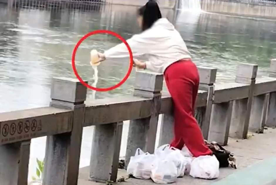 Phát hiện một người phụ nữ đổ hàng chục cốc trà sữa mới nguyên xuống sông để “phóng sinh”
