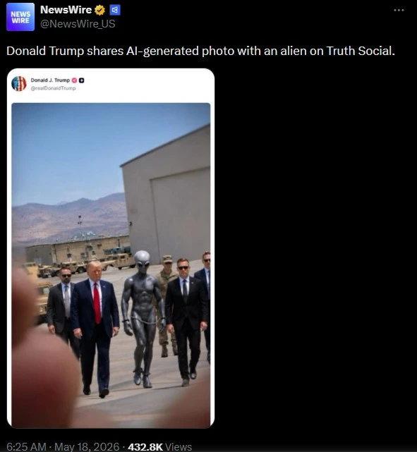 Sau hồ sơ UFO của Bộ Chiến tranh Mỹ, ông Trump bất ngờ đăng ảnh “người ngoài hành tinh”: Thực hư ra sao?