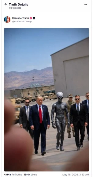 Sau hồ sơ UFO của Bộ Chiến tranh Mỹ, ông Trump bất ngờ đăng ảnh “người ngoài hành tinh”: Thực hư ra sao?