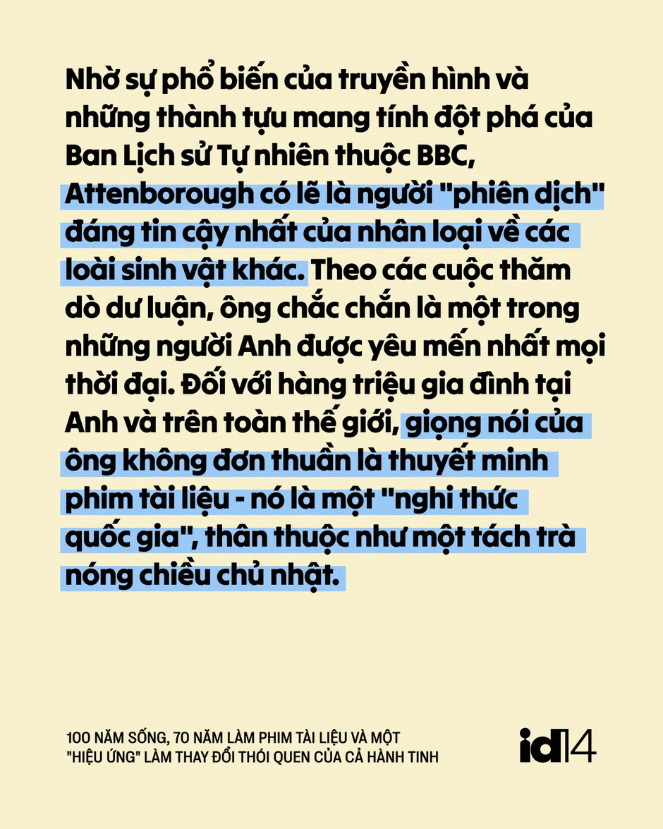 Sir David Attenborough: 100 năm sống, 70 năm làm phim tài liệu và một "hiệu ứng" làm thay đổi thói quen của cả hành tinh Sir David Attenborough: 100 năm sống, 70 năm làm phim tài liệu và một "hiệu ứng" làm thay đổi thói quen của cả hành tinh
