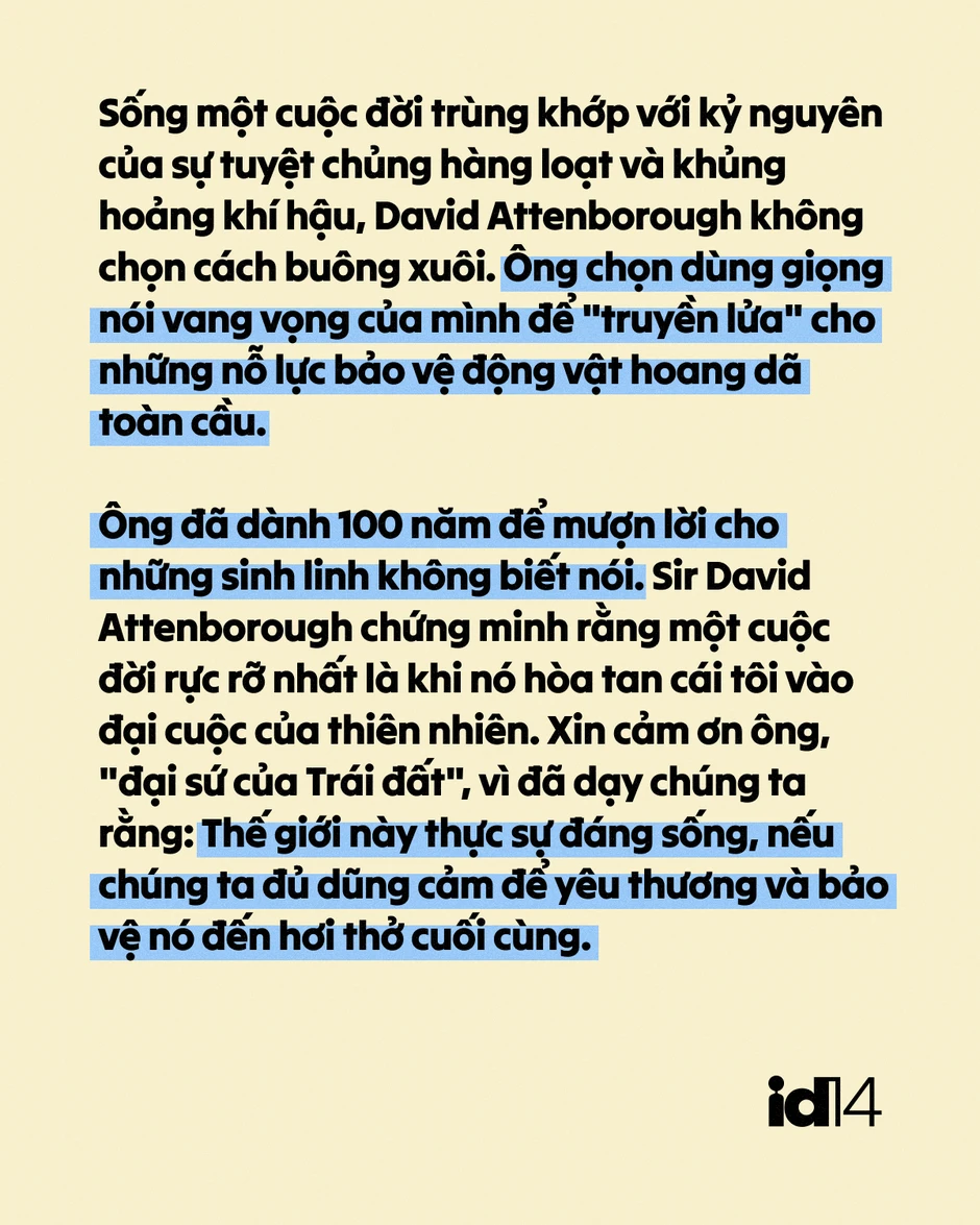 Sir David Attenborough: 100 năm sống, 70 năm làm phim tài liệu và một "hiệu ứng" làm thay đổi thói quen của cả hành tinh Sir David Attenborough: 100 năm sống, 70 năm làm phim tài liệu và một "hiệu ứng" làm thay đổi thói quen của cả hành tinh