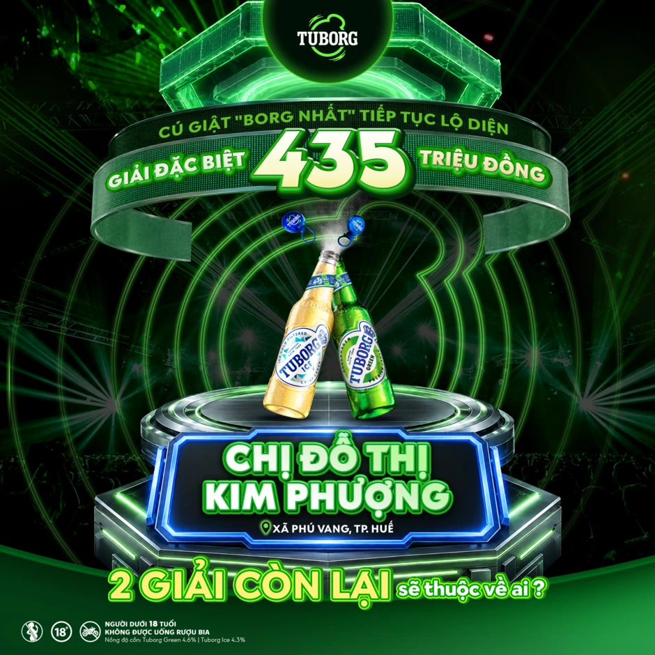 Giật nắp bia Tuborg giữa cuộc vui "phá chuẩn", người phụ nữ ở Huế bất ngờ ẵm trọn giải đặc biệt 435 triệu đồng Giật nắp bia Tuborg giữa cuộc vui "phá chuẩn", người phụ nữ ở Huế bất ngờ ẵm trọn giải đặc biệt 435 triệu đồng