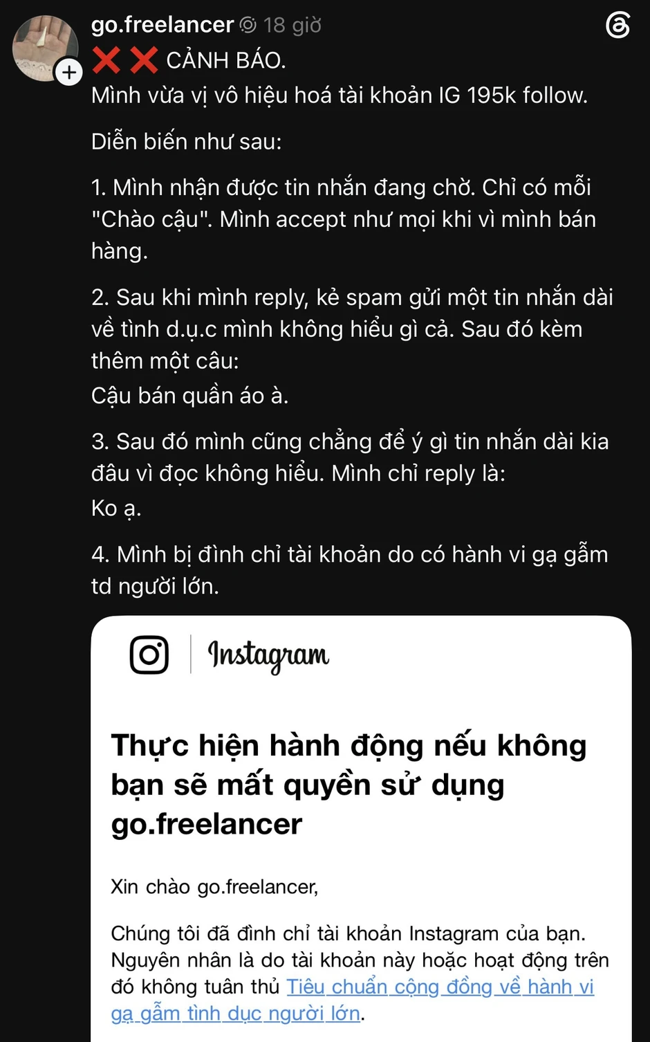 Bị đình chỉ tài khoản IG trăm nghìn follow vì hành vi gạ gẫm, chính chủ lên tiếng oan ức