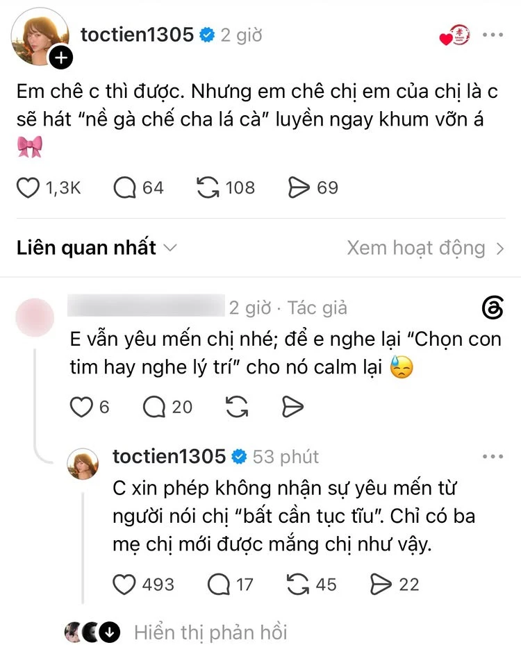 Chị đẹp Tóc Tiên "var" thẳng netizen kém duyên, đập tan định kiến "thay đổi tiêu cực" từ khi chơi với hội bạn MisThy Chị đẹp Tóc Tiên "var" thẳng netizen kém duyên, đập tan định kiến "thay đổi tiêu cực" từ khi chơi với hội bạn MisThy