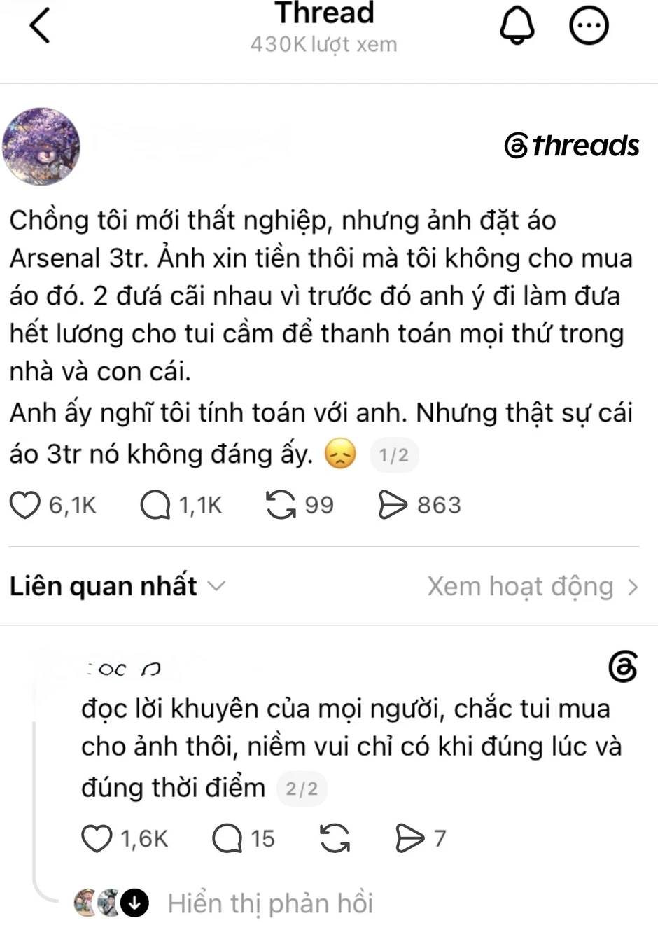 Chồng thất nghiệp vẫn "bạo tay" đòi mua áo Arsenal 3 triệu, vợ lên mạng than thở liền nhận cái kết bất ngờ