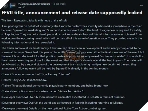 Final Fantasy 7 Remake Part 3 Dường Như Đã Rò Rỉ Tiêu Đề Kèm Ngày Ra Mắt Final Fantasy 7 Remake Part 3 Dường Như Đã Rò Rỉ Tiêu Đề Kèm Ngày Ra Mắt