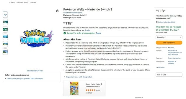 Pokemon Winds and Waves Dường Như Đã Rò Rỉ Giá Cả Trên Switch 2